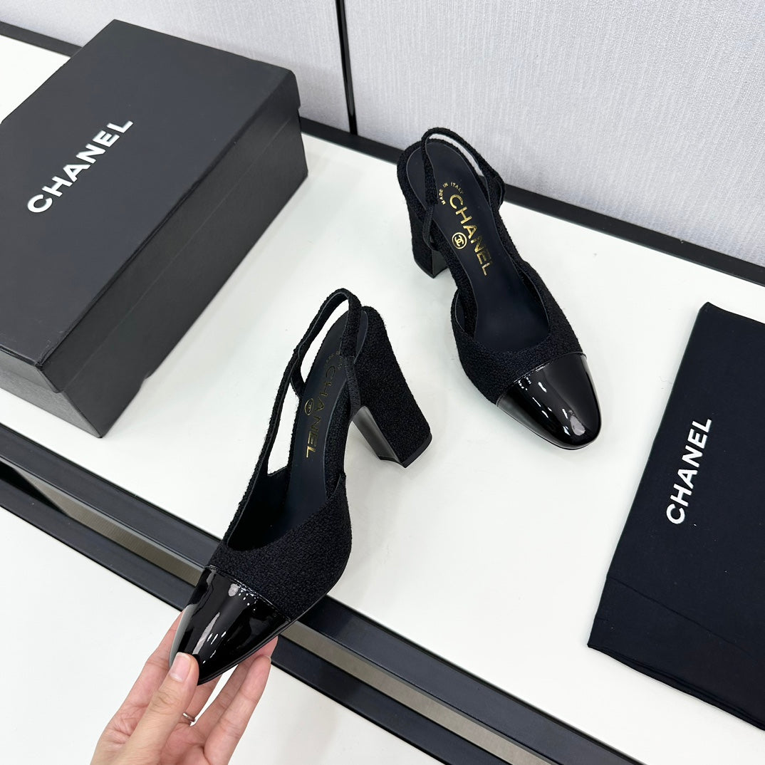 HIGH SLINGBACK BLACK TWEED AND CALFSKIN - 34