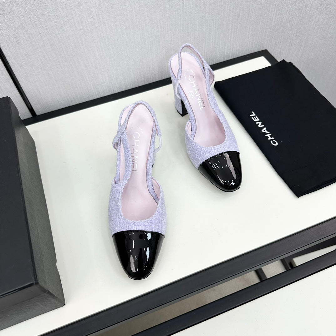 HIGH SLINGBACK LIGHT BLUE TWEED AND BLACK CALFSKIN - 34