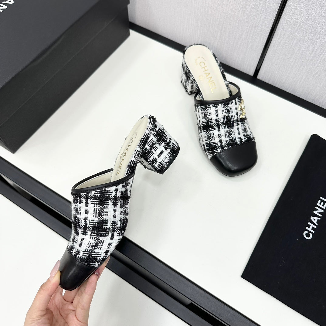 CC HIGH MULE IN WHITE MIX BLACK WOOL TWEED AND CALFSKIN - 35