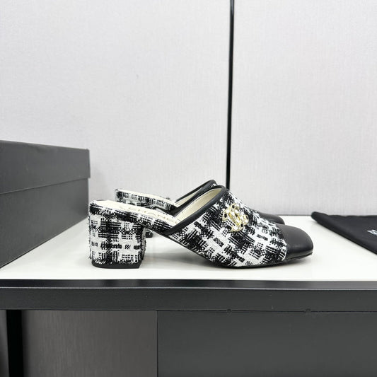 CC HIGH MULE IN WHITE MIX BLACK WOOL TWEED AND CALFSKIN - 35
