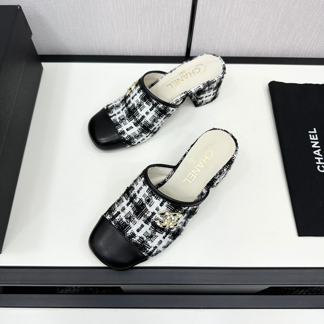 CC HIGH MULE IN WHITE MIX BLACK WOOL TWEED AND CALFSKIN - 35
