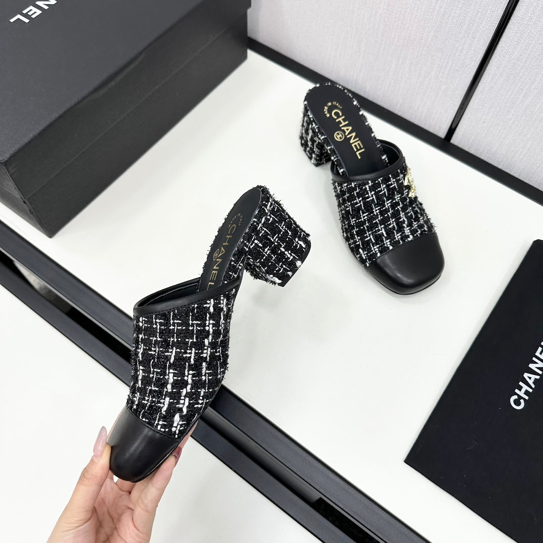 CC HIGH MULE IN BLACK MIX WHITE WOOL TWEED AND CALFSKIN - 35