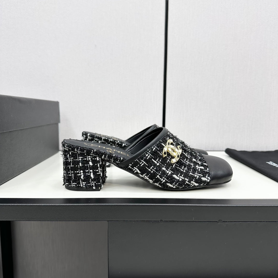 CC HIGH MULE IN BLACK MIX WHITE WOOL TWEED AND CALFSKIN - 35