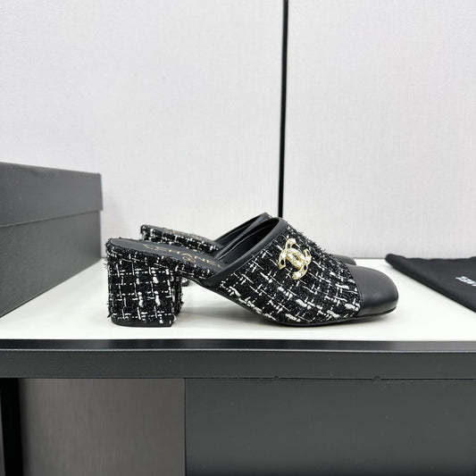 CC HIGH MULE IN BLACK MIX WHITE WOOL TWEED AND CALFSKIN - 35