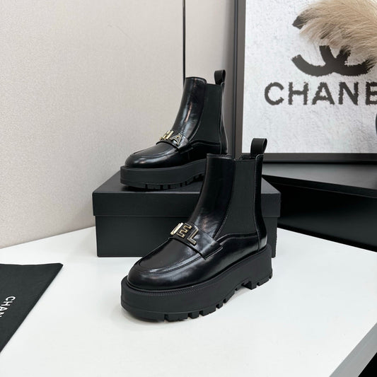 CHANEL 25S КОРОТКІ ЧОБОТИ З ЧОРНОЇ ТЕЛЯЧОЇ ШКІРИ ТА ПОЛОТНА - 35