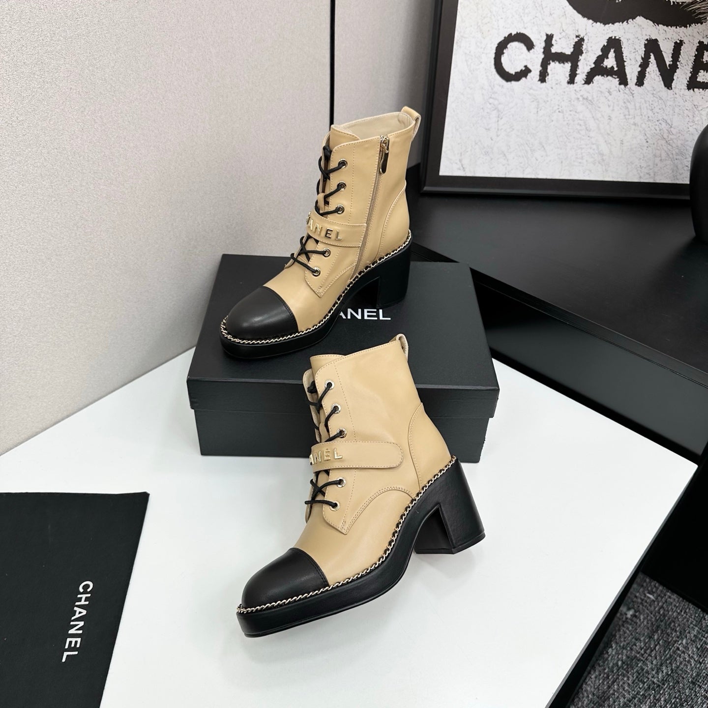 CHANEL 25S LACE-UP HEELED ANKLE BOOTS IN LIGHT GOLD CALFSKIN - 35