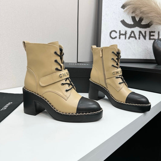 CHANEL 25S LACE-UP HEELED ANKLE BOOTS IN LIGHT GOLD CALFSKIN - 35