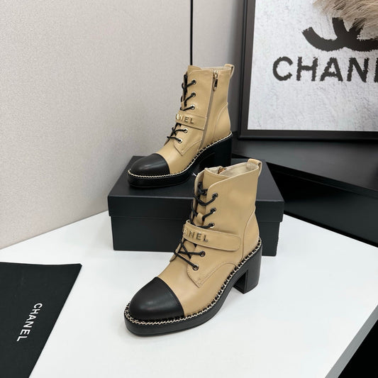 ЧЕРЕВИКИ CHANEL 25S НА ШНУРІВЦІ НА ПІДБОРАХ, З ТЕЛЯЧОЇ ШКІРИ СВІТЛОГО ЗОЛОТОГО КОЛЬОРУ - 35