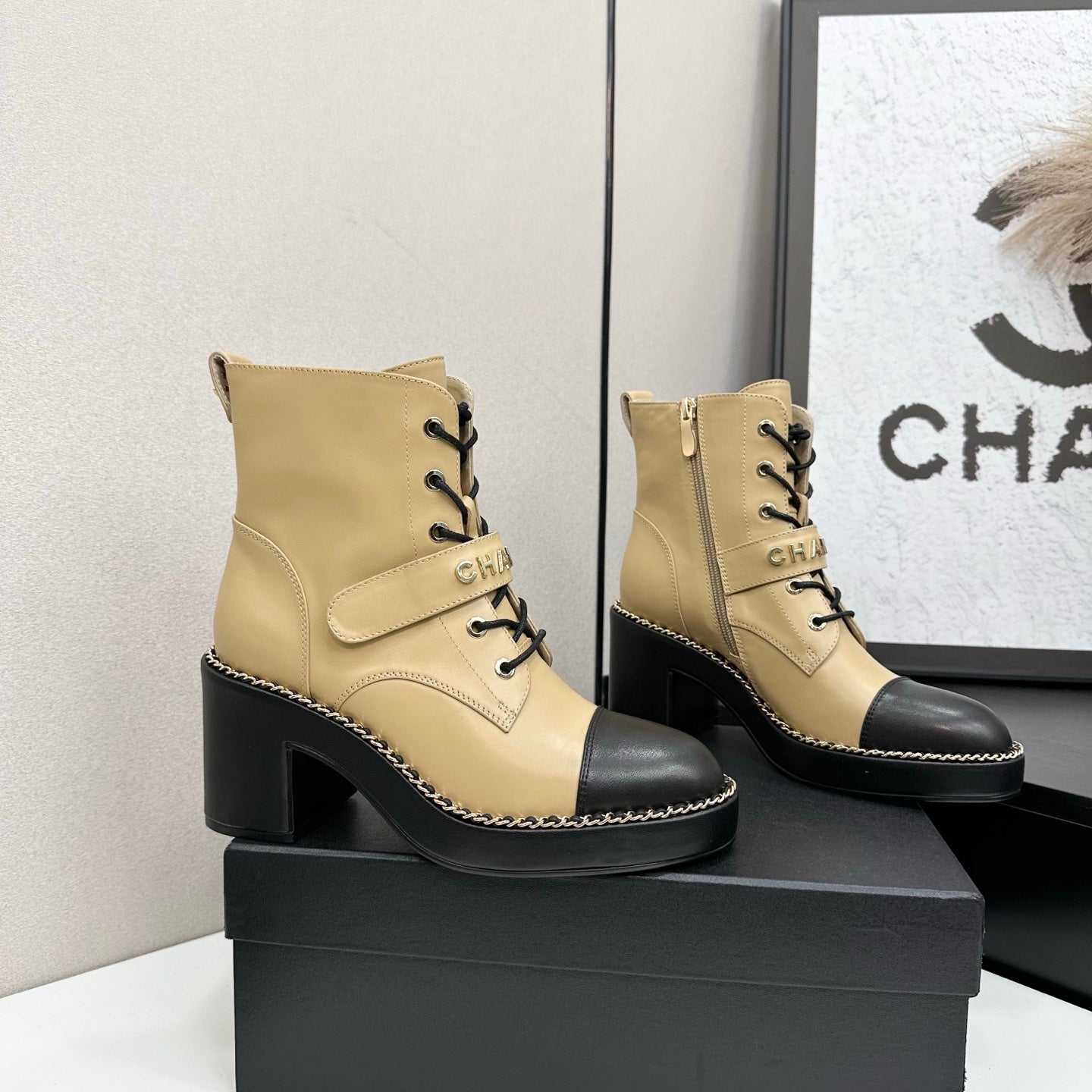 CHANEL 25S LACE-UP HEELED ANKLE BOOTS IN LIGHT GOLD CALFSKIN - 35