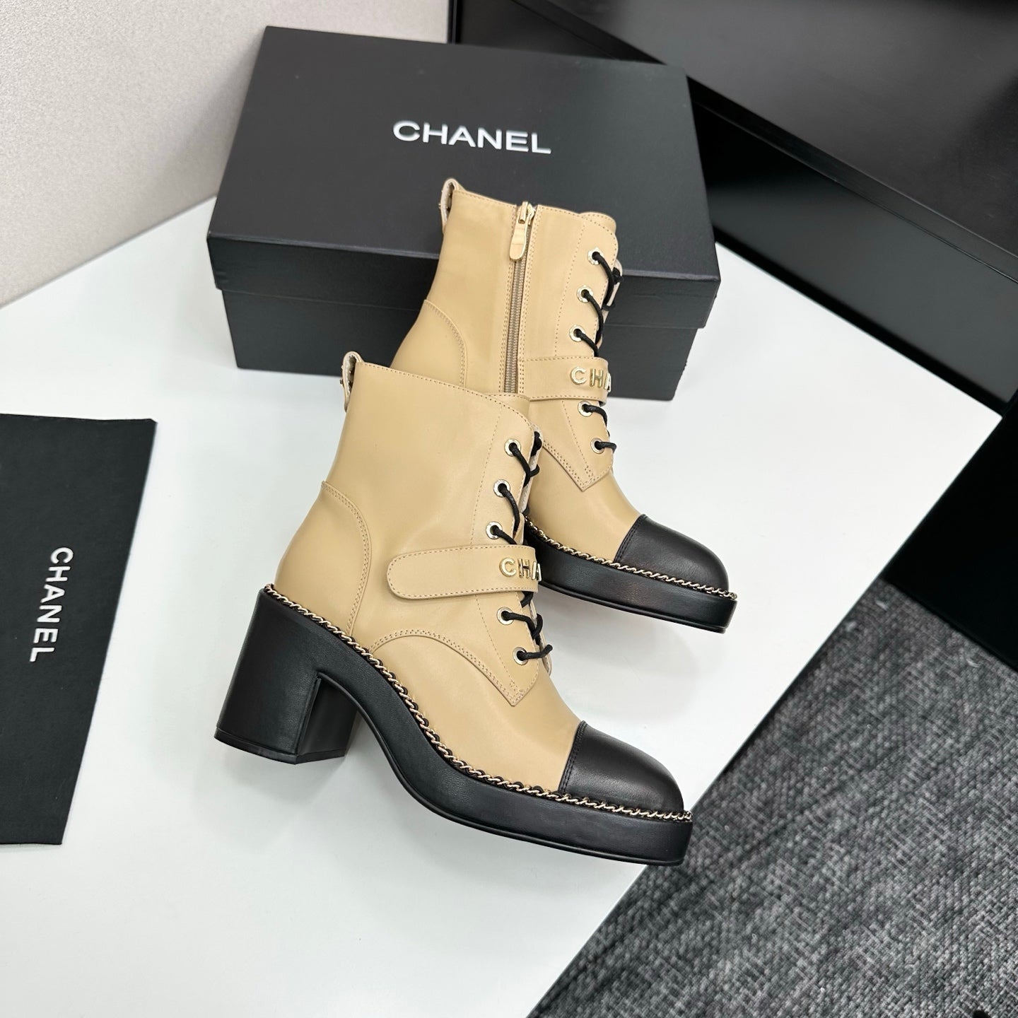 CHANEL 25S LACE-UP HEELED ANKLE BOOTS IN LIGHT GOLD CALFSKIN - 35