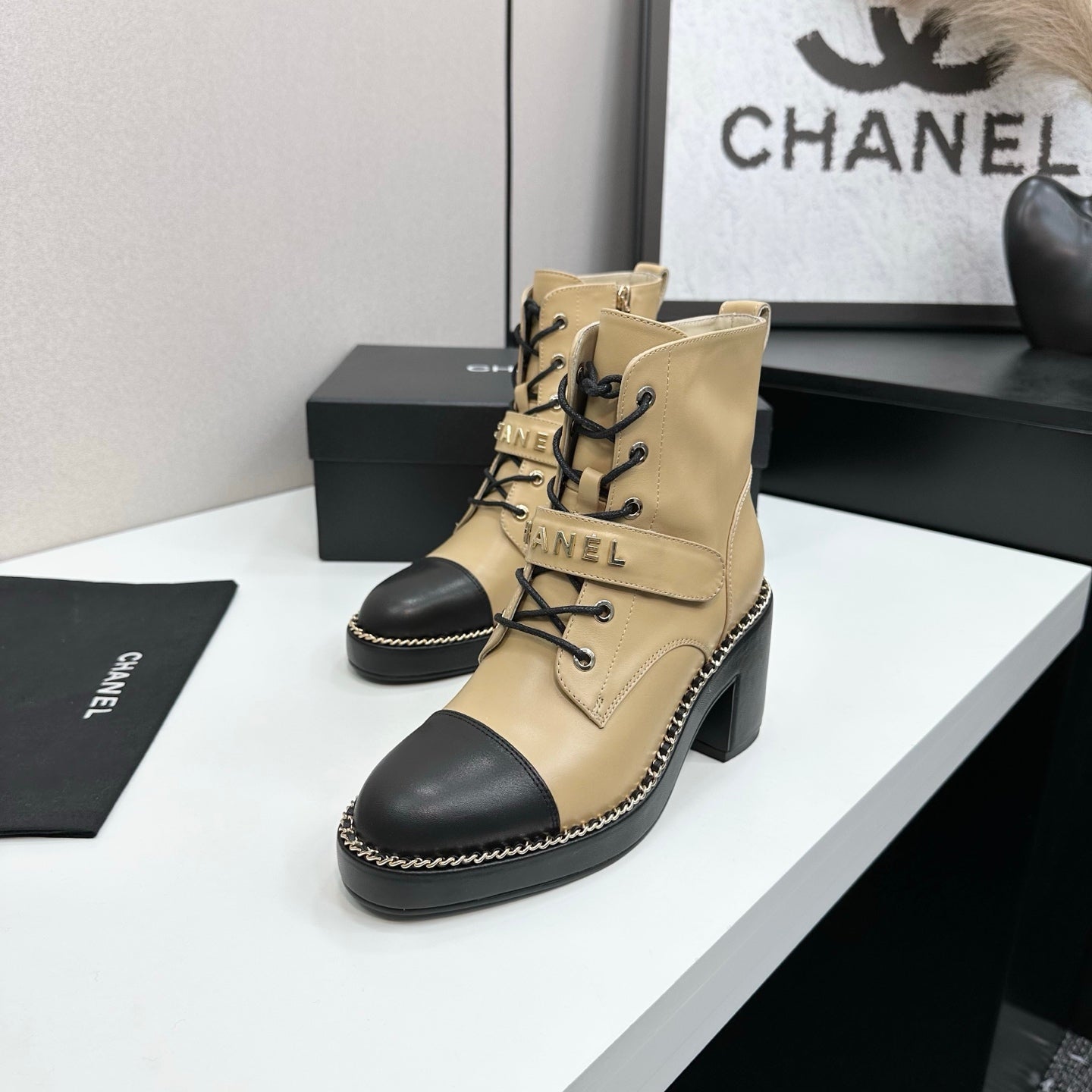 CHANEL 25S LACE-UP HEELED ANKLE BOOTS IN LIGHT GOLD CALFSKIN - 35