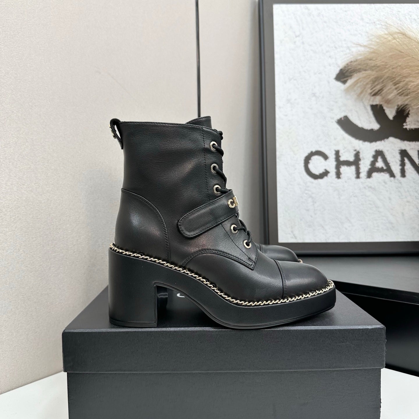 CHANEL 25S LACE-UP HEELED ANKLE BOOTS IN BLACK CALFSKIN - 35