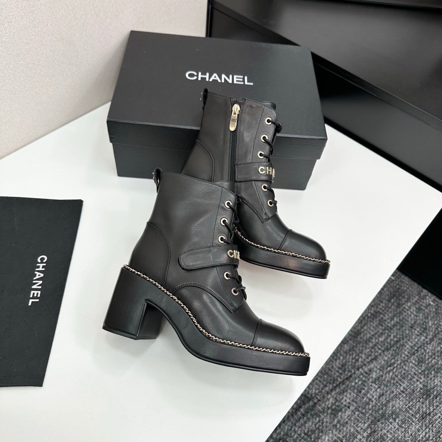 CHANEL 25S LACE-UP HEELED ANKLE BOOTS IN BLACK CALFSKIN - 35