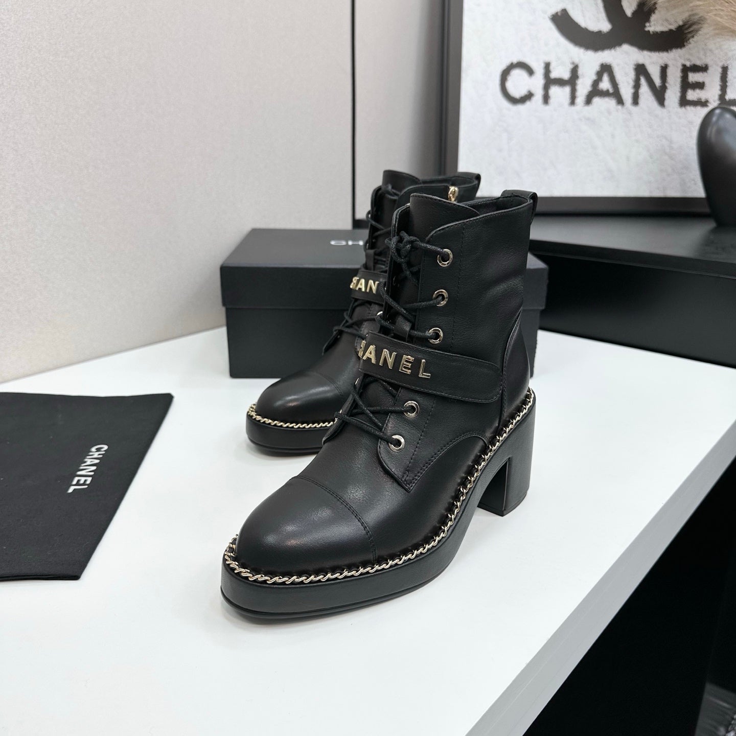 CHANEL 25S LACE-UP HEELED ANKLE BOOTS IN BLACK CALFSKIN - 35