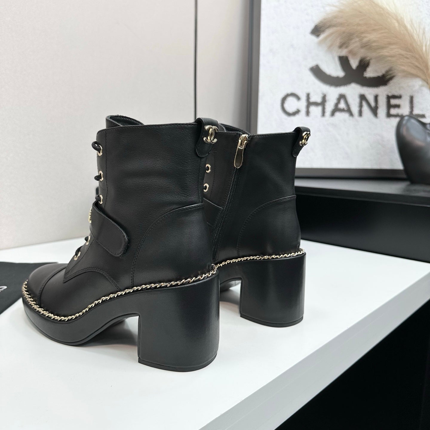 CHANEL 25S LACE-UP HEELED ANKLE BOOTS IN BLACK CALFSKIN - 35
