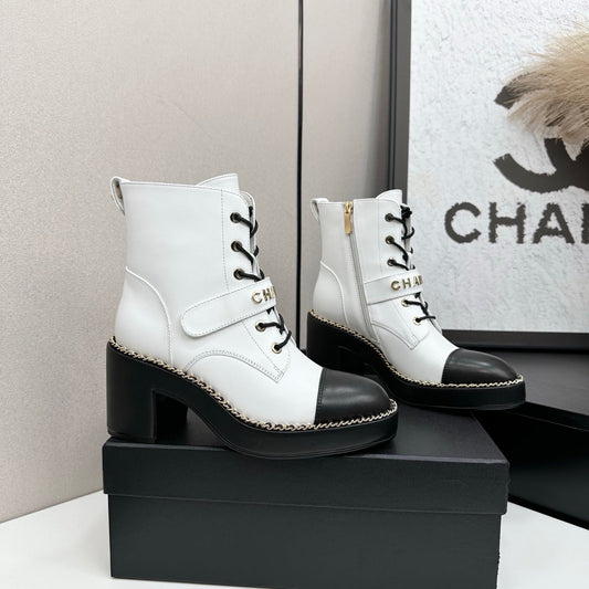 CHANEL 25S ШНУРОВАНІ ЧЕРЕВИКИ НА ПІДБОРАХ З БІЛОЇ ТЕЛЯЧОЇ ШКІРИ - 35