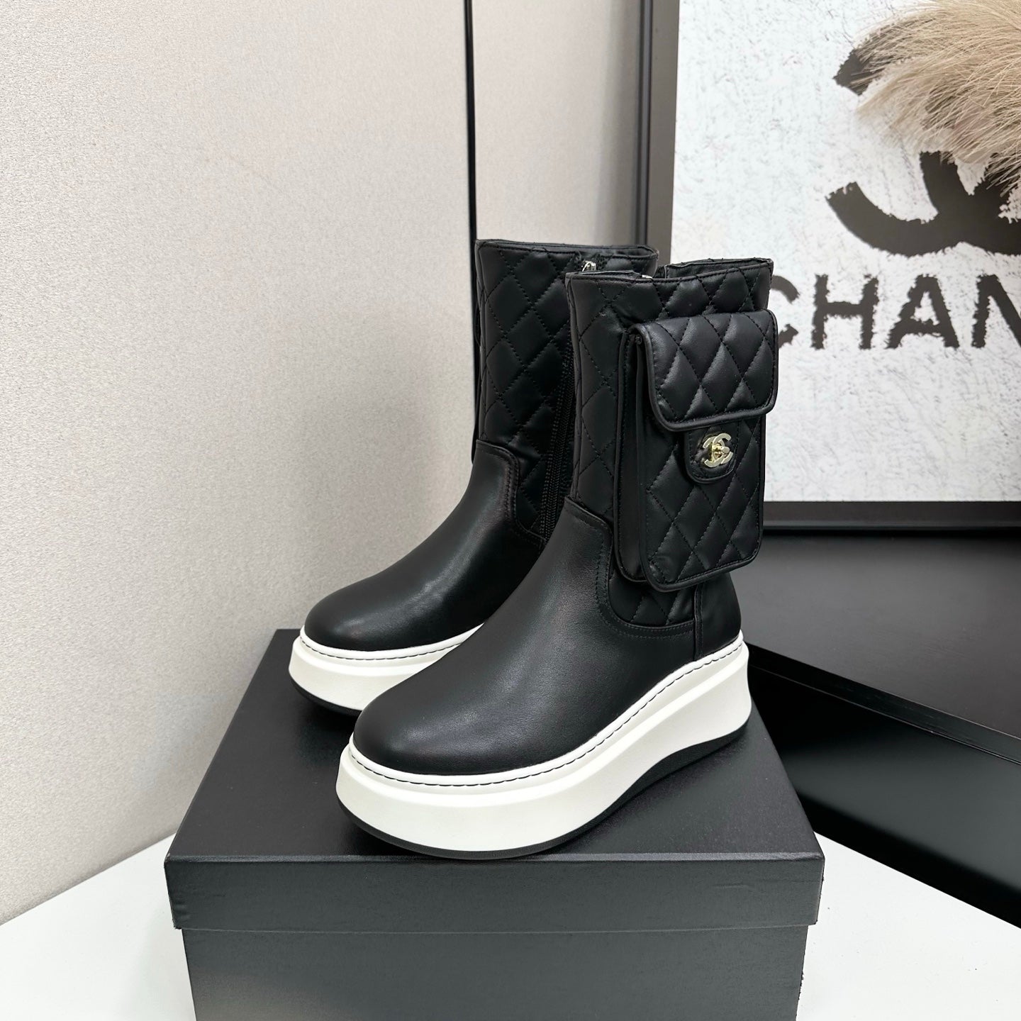 CHANEL 25S WEDGE ANKLE BOOTS IN BLACK CALFSKIN SILVER HARDWRE - 35