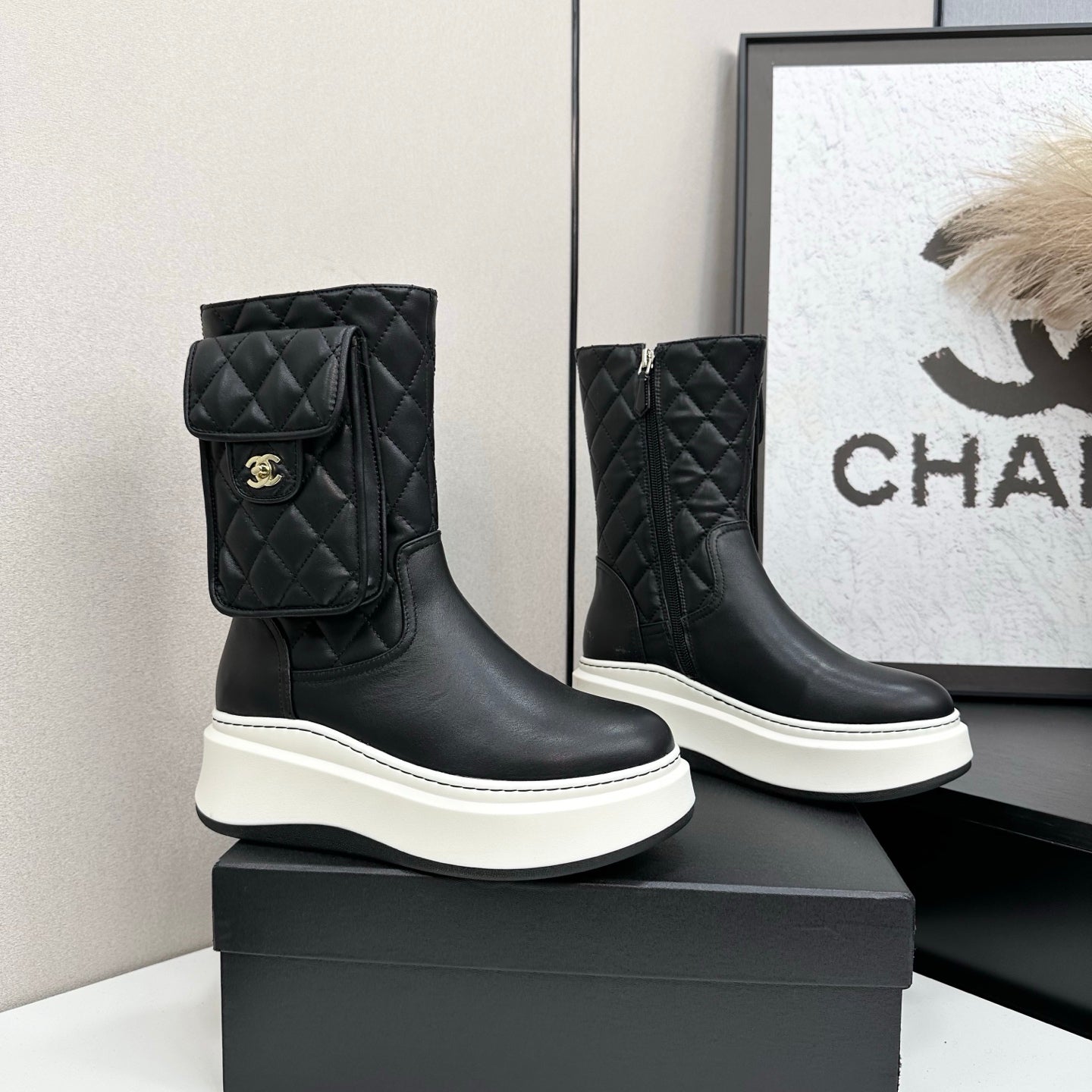 CHANEL 25S WEDGE ANKLE BOOTS IN BLACK CALFSKIN SILVER HARDWRE - 35