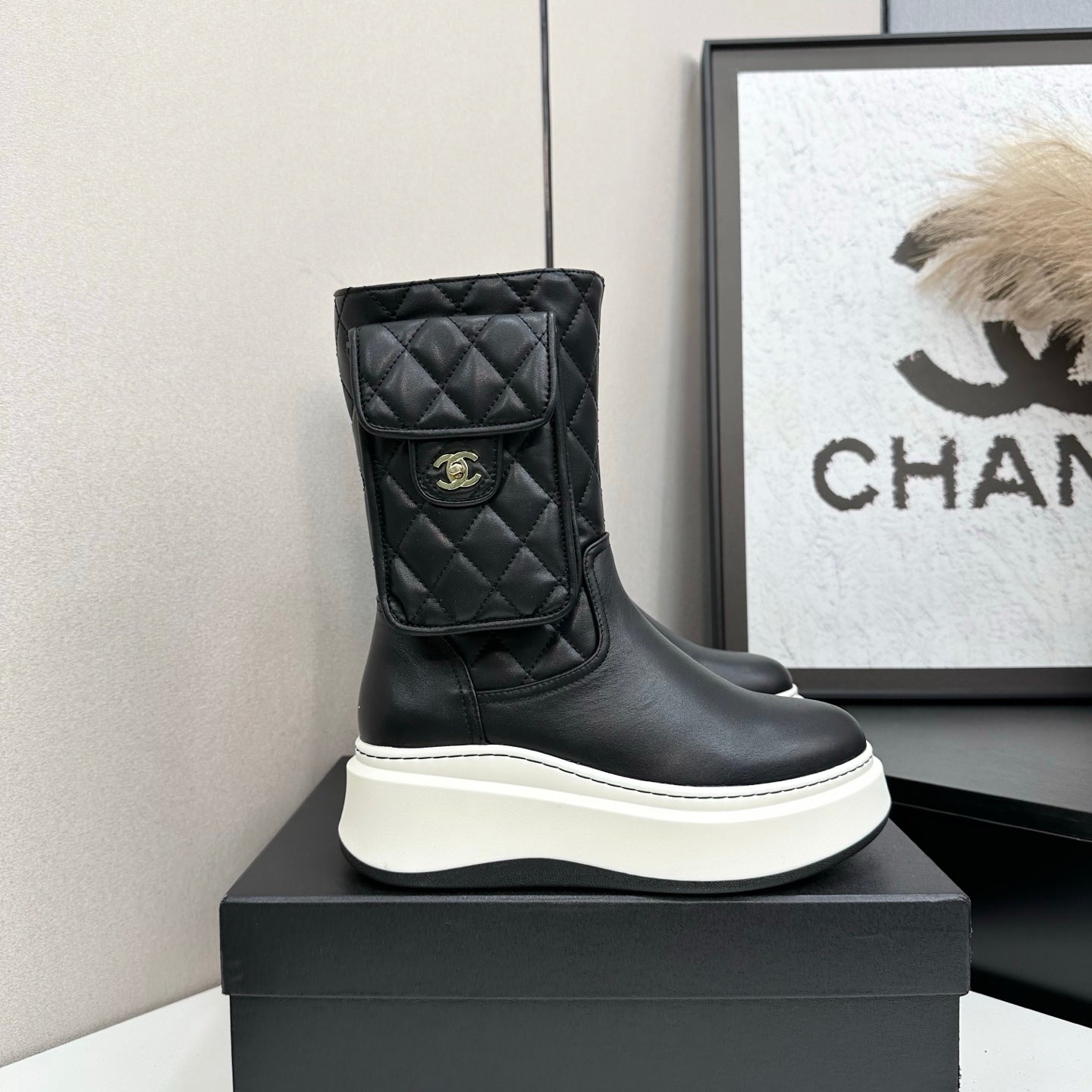 CHANEL 25S WEDGE ANKLE BOOTS IN BLACK CALFSKIN SILVER HARDWRE - 35