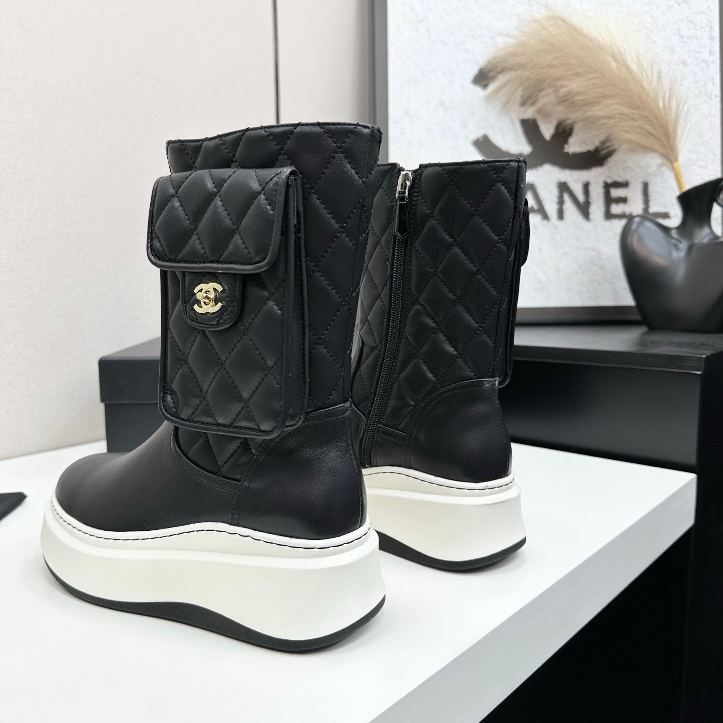 CHANEL 25S WEDGE ANKLE BOOTS IN BLACK CALFSKIN SILVER HARDWRE - 35
