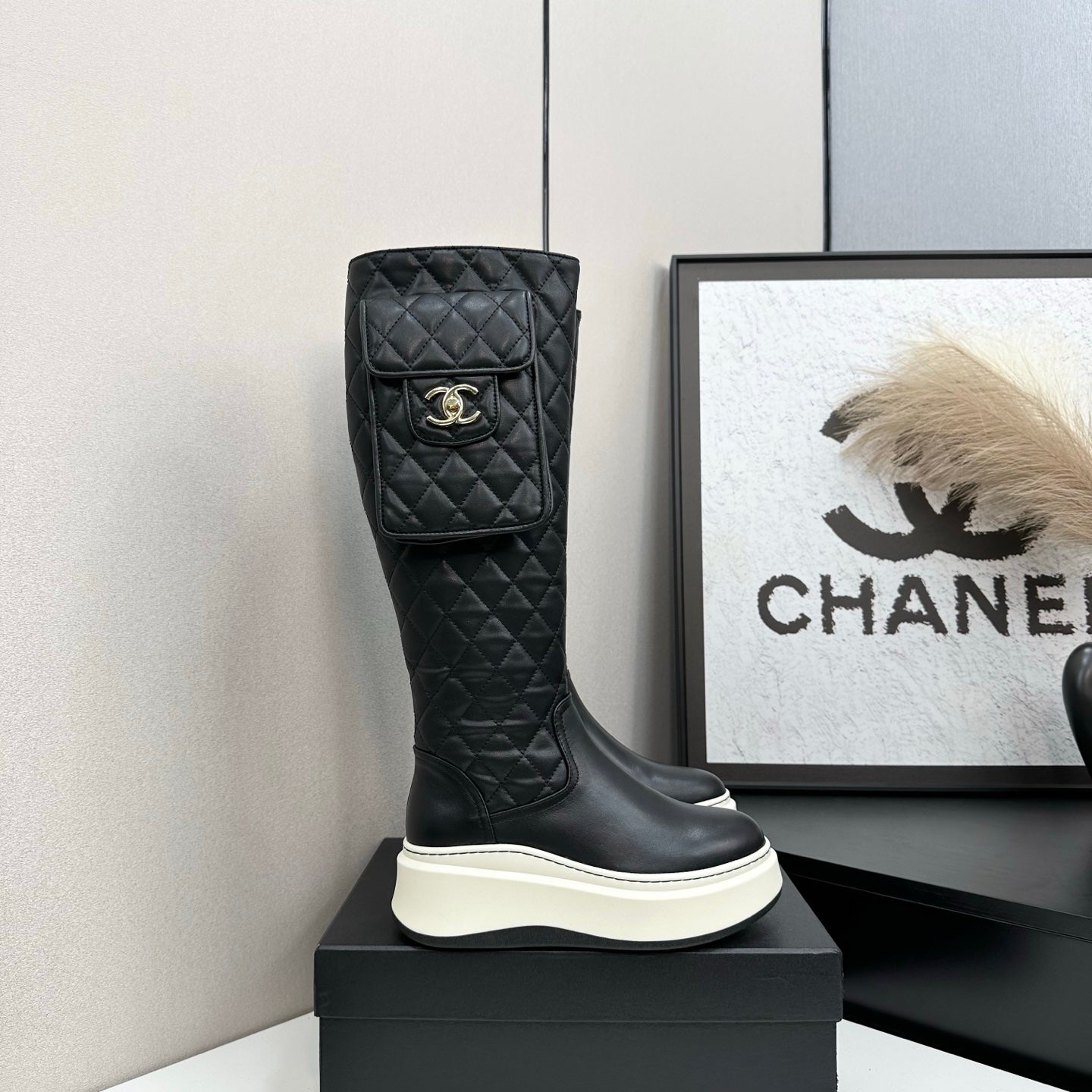 CHANEL 25S WEDGE KNEE-HIGH BOOTS IN BLACK CALFSKIN SILVER HARDWRE - 35