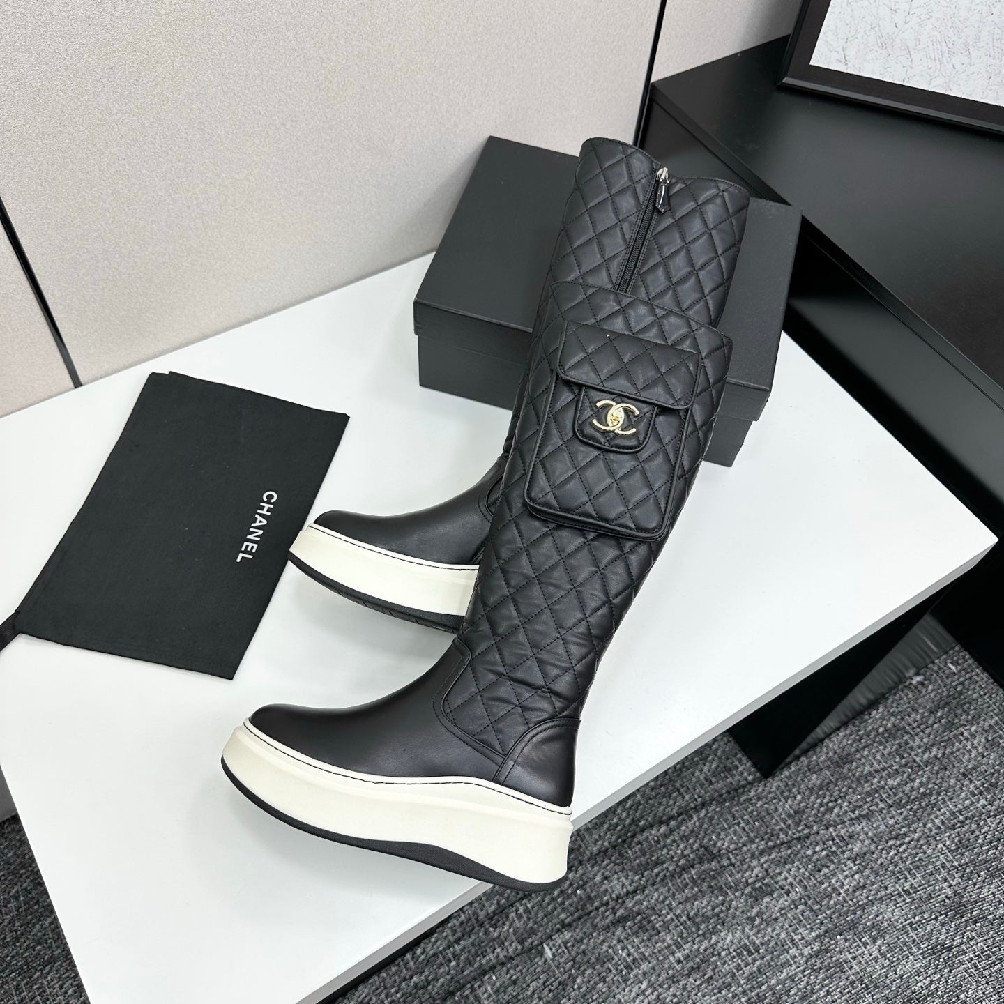 CHANEL 25S WEDGE KNEE-HIGH BOOTS IN BLACK CALFSKIN SILVER HARDWRE - 35
