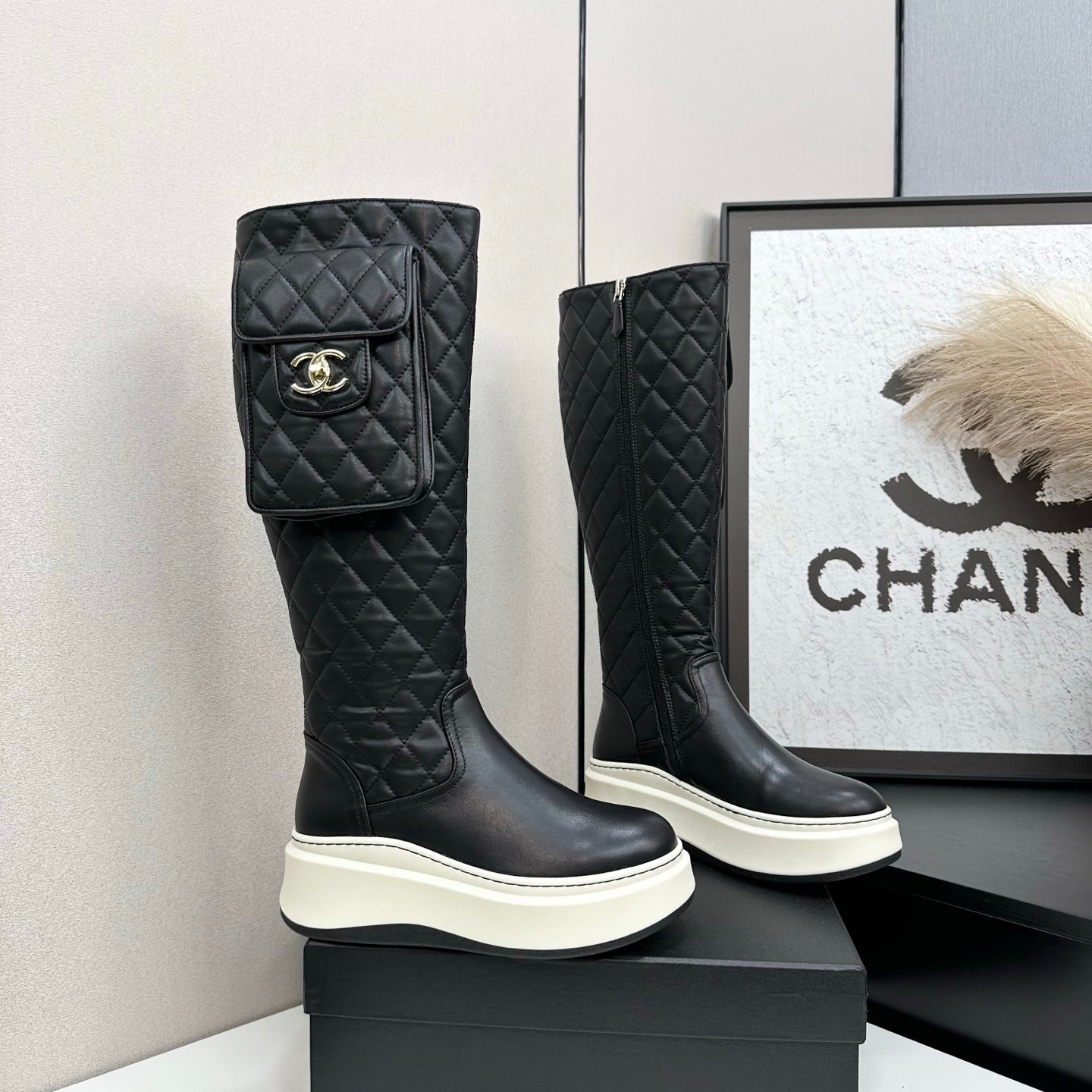 CHANEL 25S WEDGE KNEE-HIGH BOOTS IN BLACK CALFSKIN SILVER HARDWRE - 35