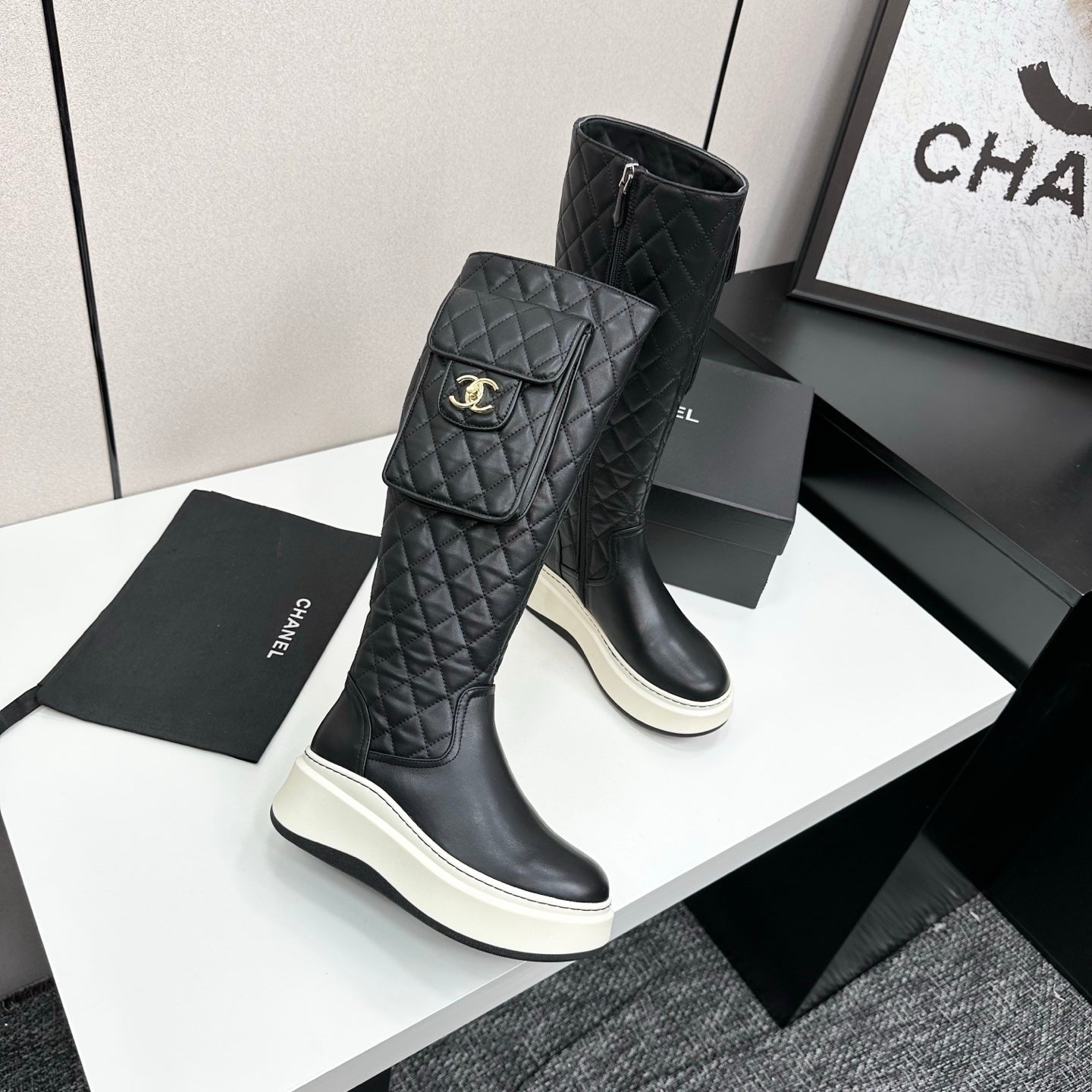 CHANEL 25S WEDGE KNEE-HIGH BOOTS IN BLACK CALFSKIN SILVER HARDWRE - 35