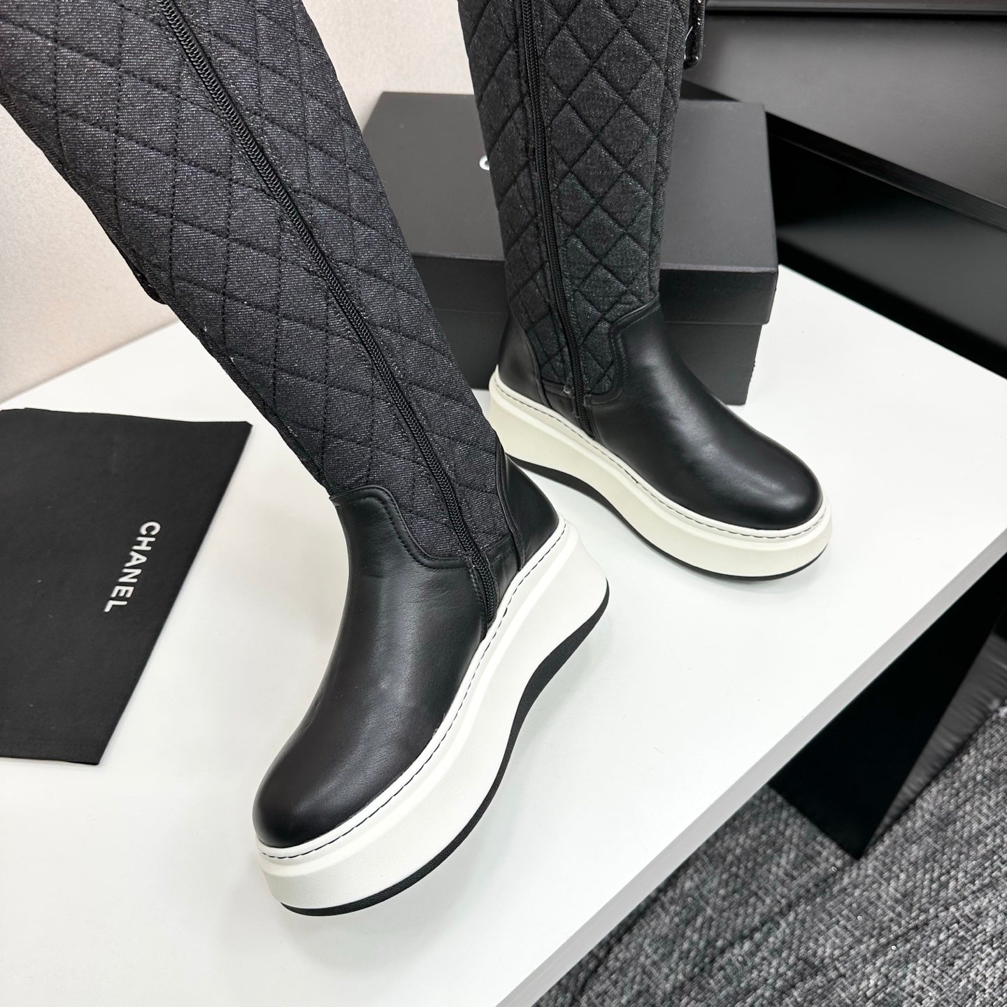 CHANEL 25S WEDGE KNEE-HIGH BOOTS IN BLACK CALFSKIN AND DENIM - 35