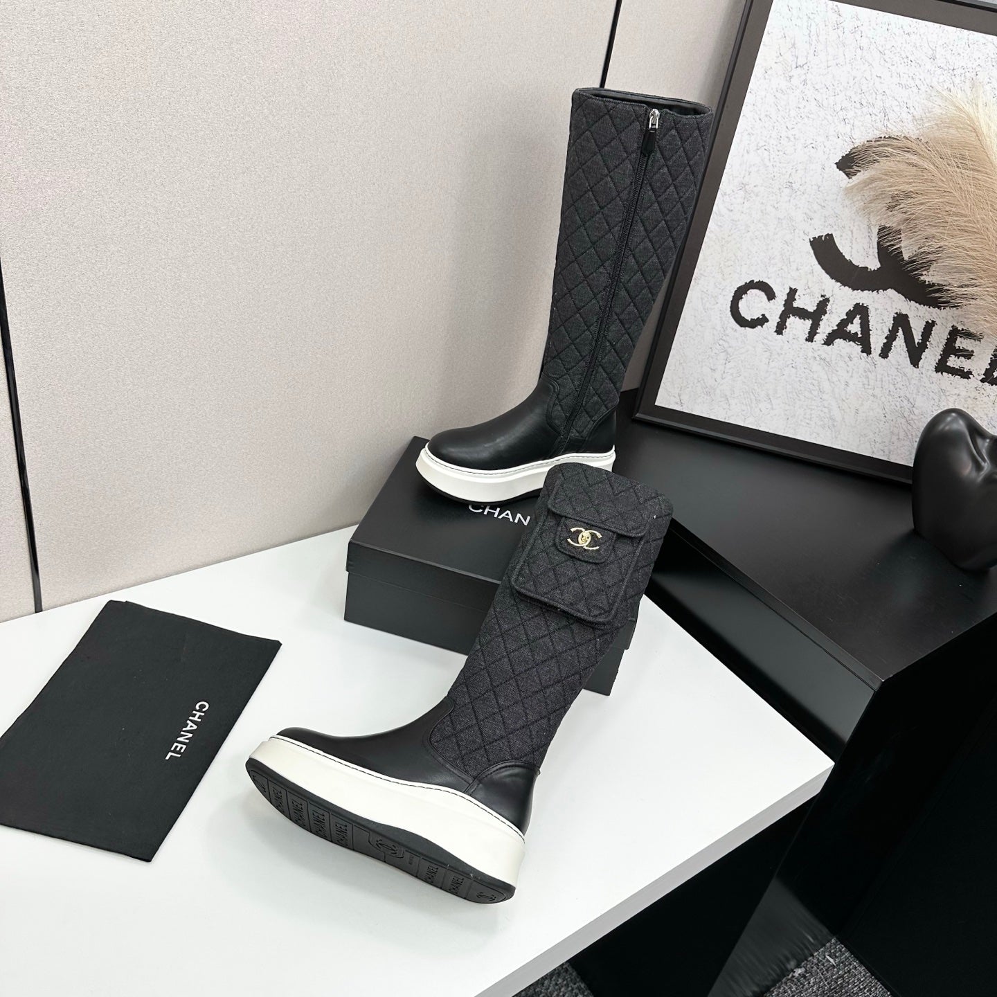 CHANEL 25S WEDGE KNEE-HIGH BOOTS IN BLACK CALFSKIN AND DENIM - 35