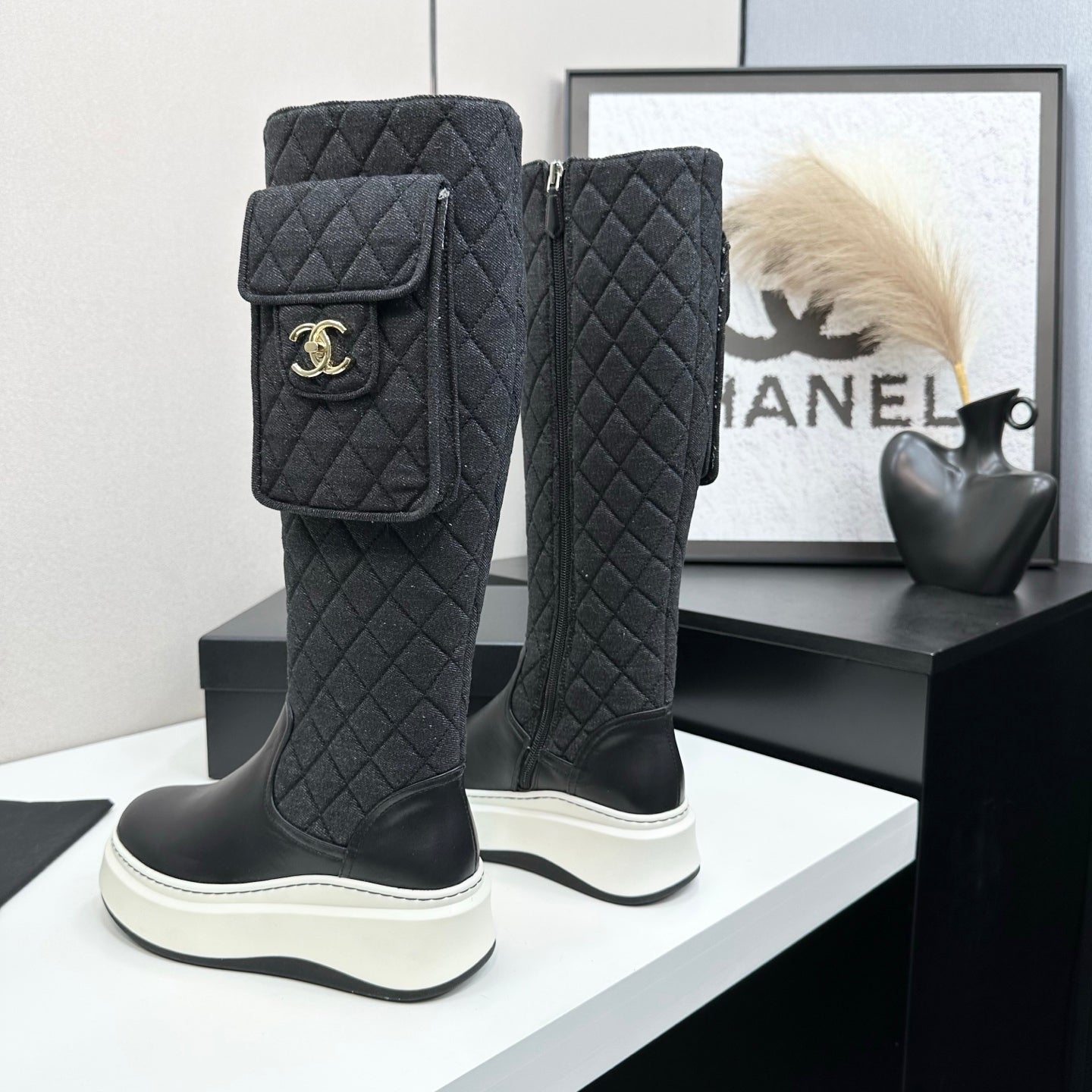 CHANEL 25S WEDGE KNEE-HIGH BOOTS IN BLACK CALFSKIN AND DENIM - 35