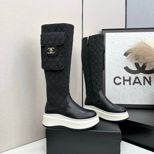 CHANEL 25S БОТФОРТИ НА ТАНКЕТЦІ З ЧОРНОЇ ТЕЛЯЧОЇ ШКІРИ ТА ДЕНІМУ - 35