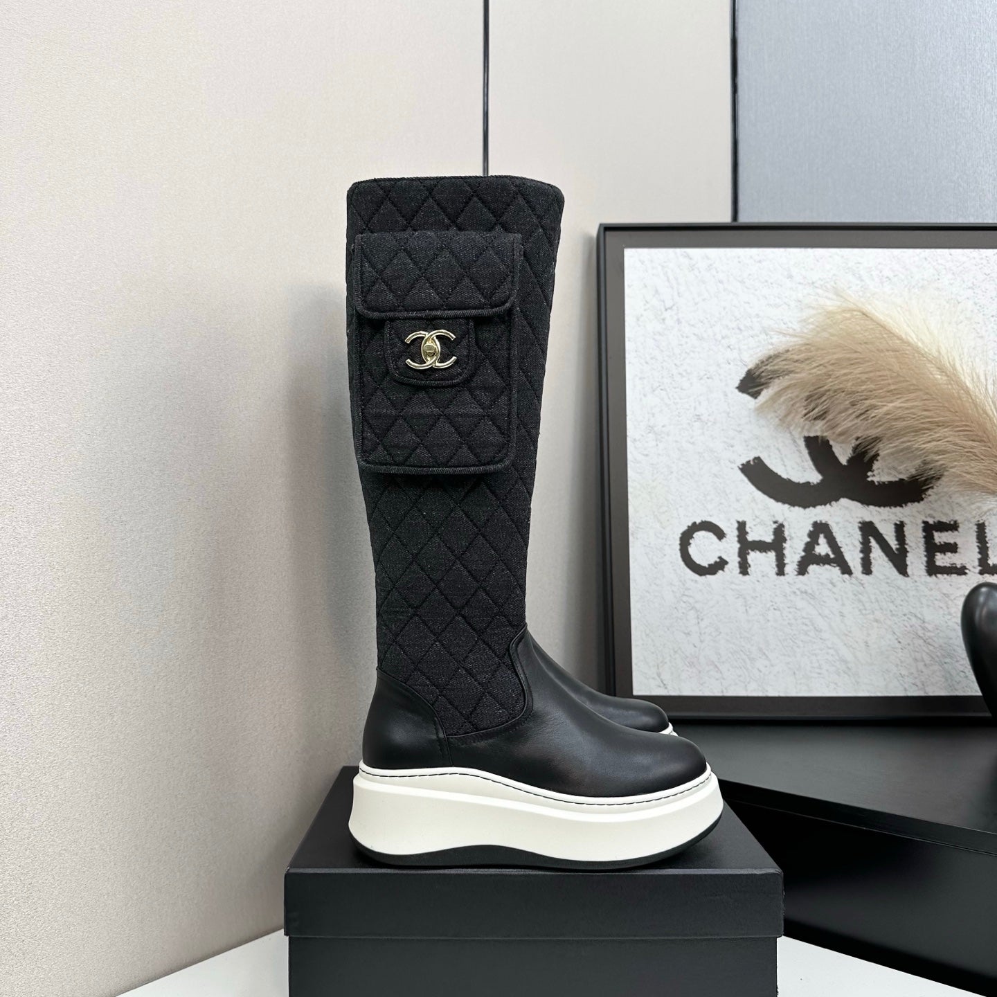 CHANEL 25S WEDGE KNEE-HIGH BOOTS IN BLACK CALFSKIN AND DENIM - 35