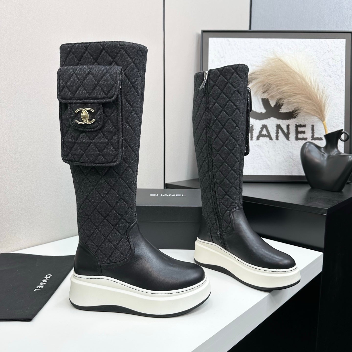 CHANEL 25S WEDGE KNEE-HIGH BOOTS IN BLACK CALFSKIN AND DENIM - 35
