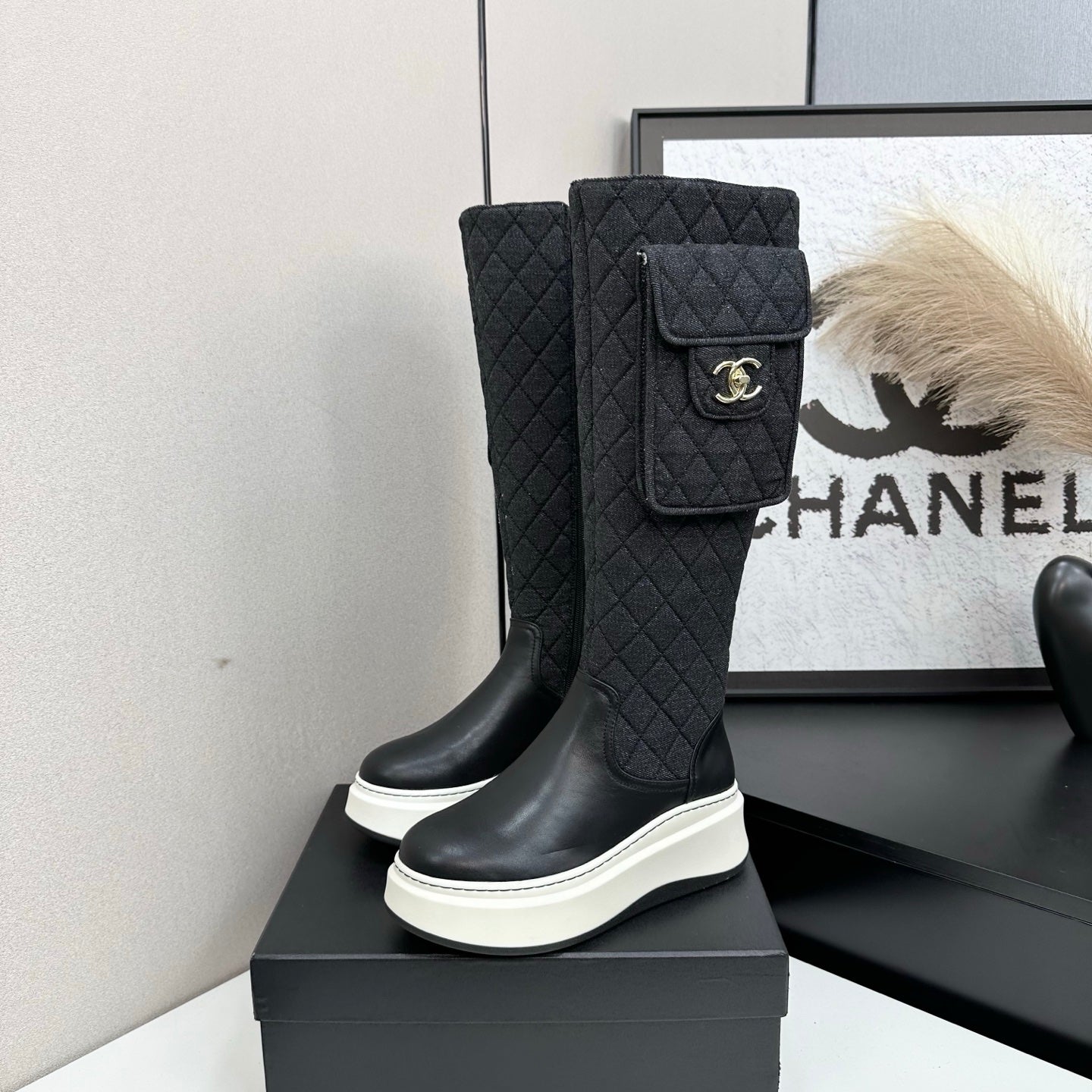 CHANEL 25S WEDGE KNEE-HIGH BOOTS IN BLACK CALFSKIN AND DENIM - 35