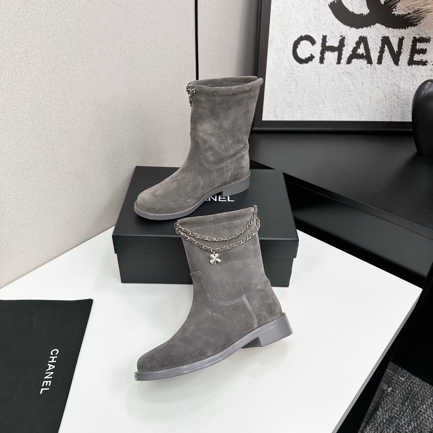 CHANEL 25S SHORT BOOTS IN GRAY SUEDE SILVER HARDWRE - 35