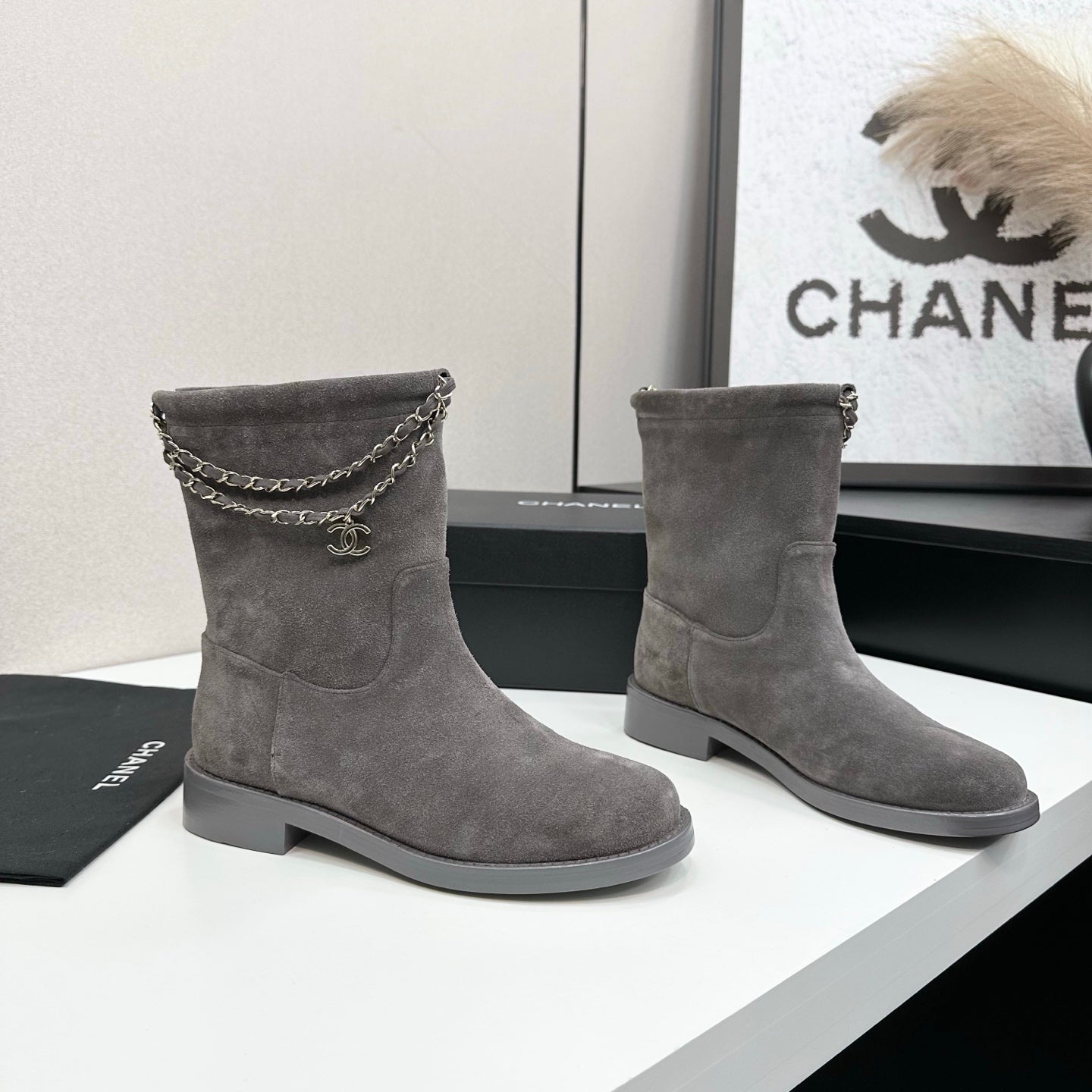 CHANEL 25S SHORT BOOTS IN GRAY SUEDE SILVER HARDWRE - 35