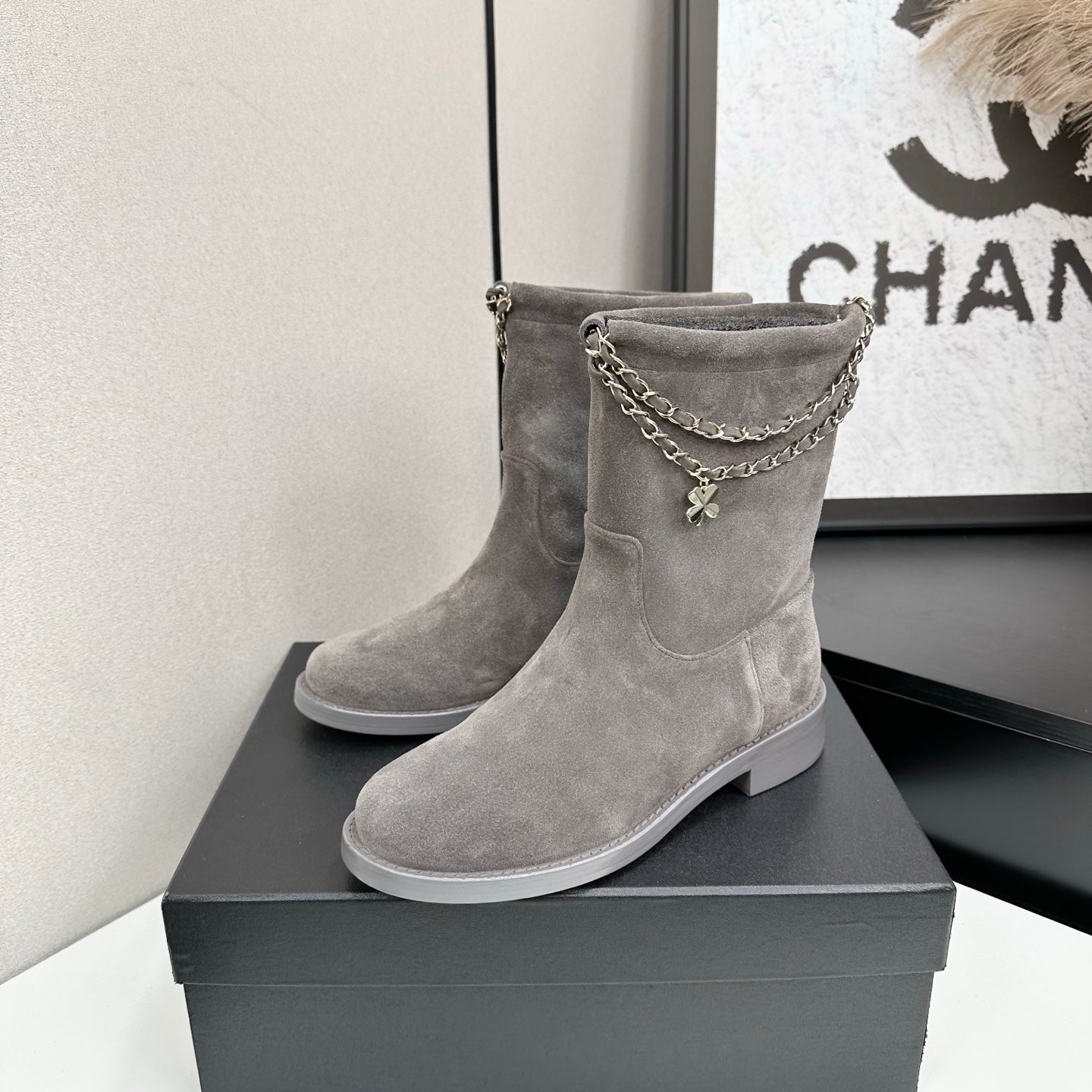 CHANEL 25S SHORT BOOTS IN GRAY SUEDE SILVER HARDWRE - 35