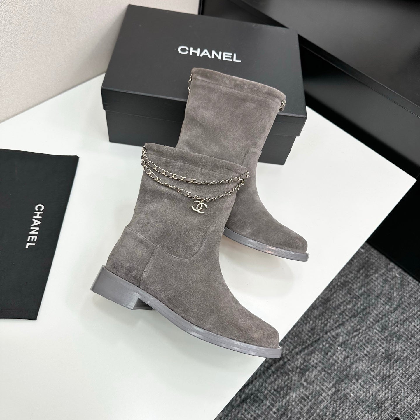 CHANEL 25S SHORT BOOTS IN GRAY SUEDE SILVER HARDWRE - 35