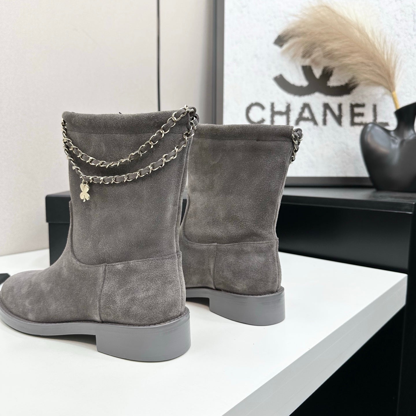 CHANEL 25S SHORT BOOTS IN GRAY SUEDE SILVER HARDWRE - 35