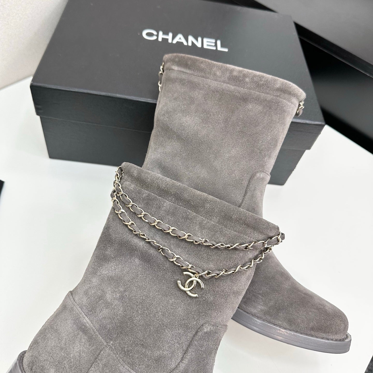 CHANEL 25S SHORT BOOTS IN GRAY SUEDE SILVER HARDWRE - 35