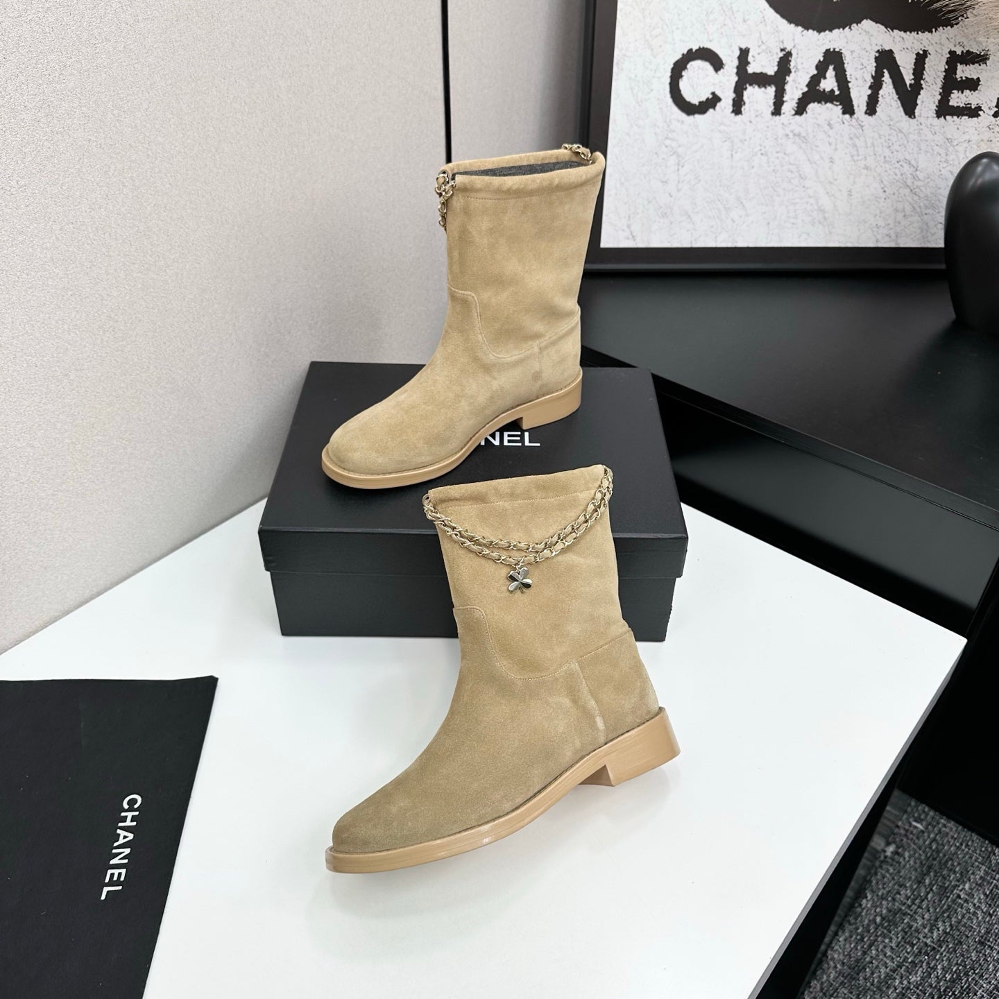 CHANEL 25S SHORT BOOTS IN LIGHT GOLD SUEDE SILVER HARDWRE - 35