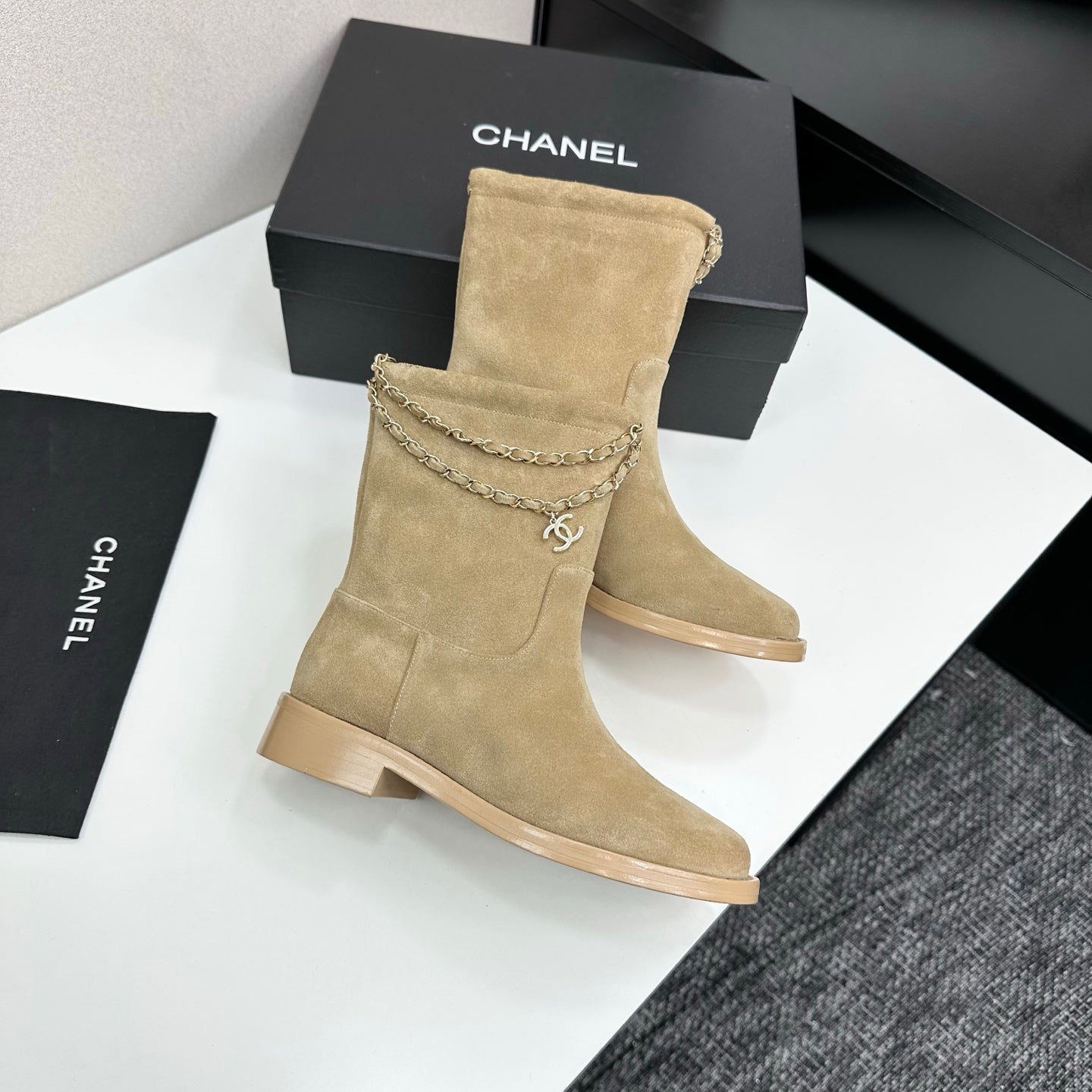 CHANEL 25S SHORT BOOTS IN LIGHT GOLD SUEDE SILVER HARDWRE - 35