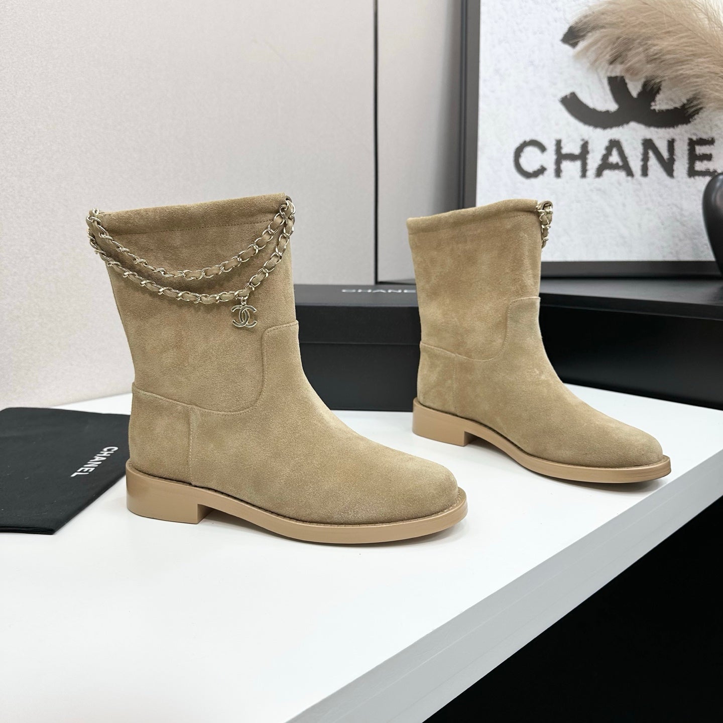CHANEL 25S SHORT BOOTS IN LIGHT GOLD SUEDE SILVER HARDWRE - 35