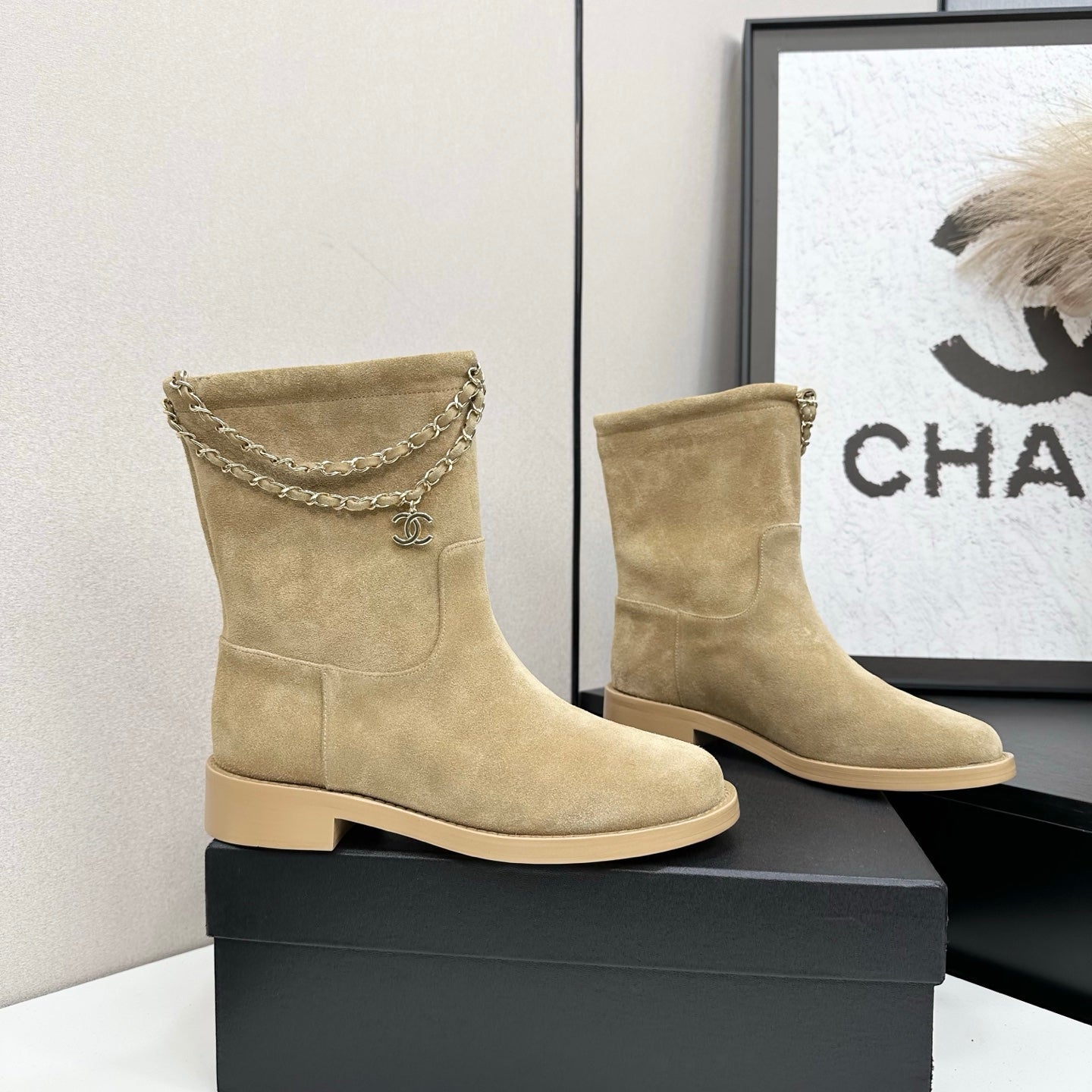 CHANEL 25S SHORT BOOTS IN LIGHT GOLD SUEDE SILVER HARDWRE - 35