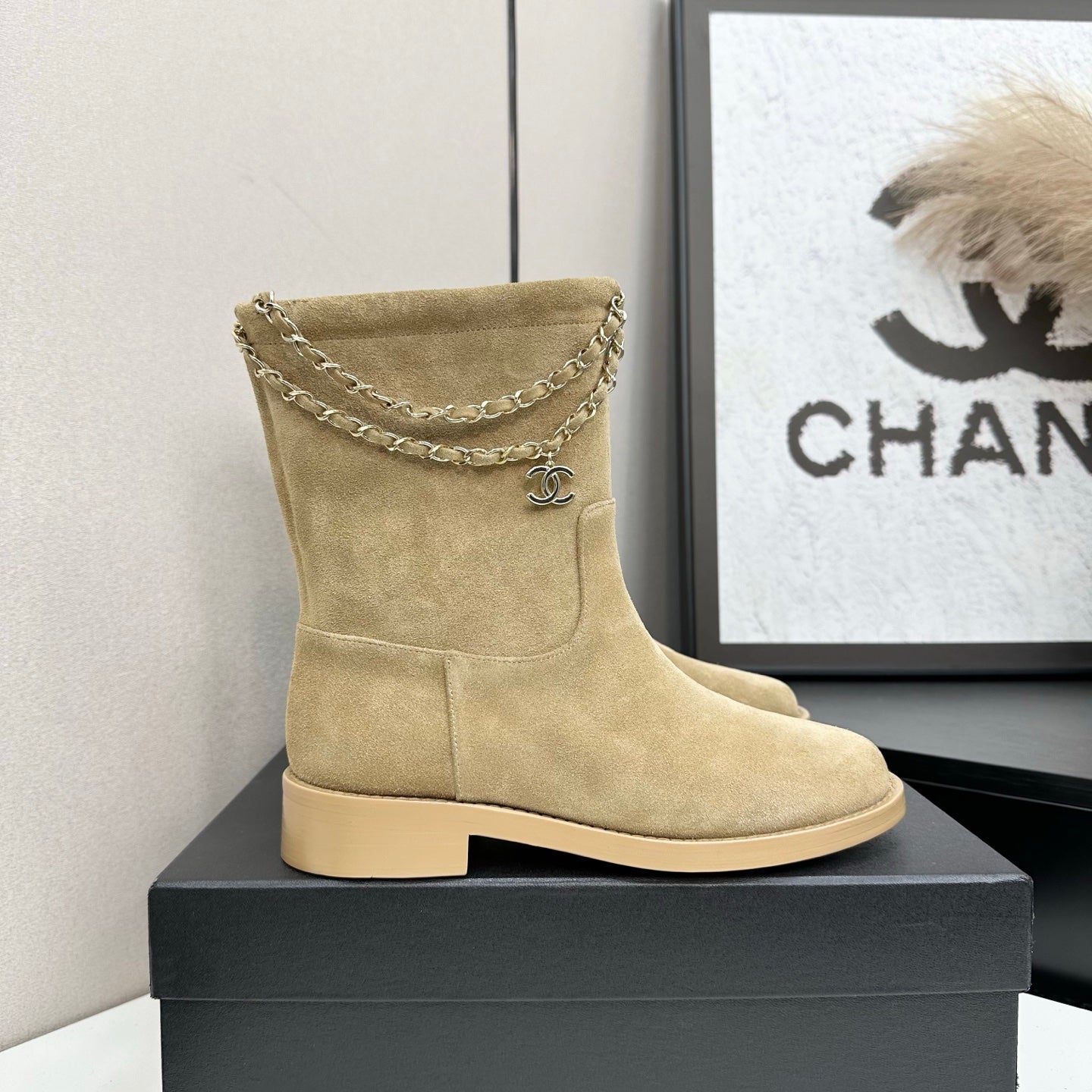 CHANEL 25S SHORT BOOTS IN LIGHT GOLD SUEDE SILVER HARDWRE - 35