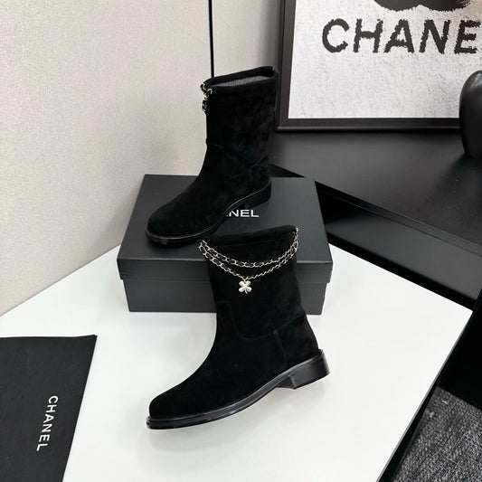 CHANEL 25S SHORT BOOTS IN BLACK SUEDE SILVER HARDWRE - 35