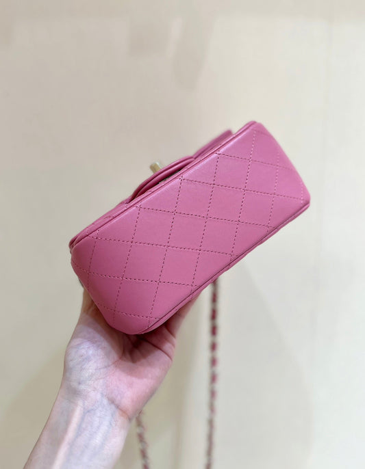 CHANEL СУМКА FLAP BAG 25S, 17 СМ, РОЖЕВА ОВЕЧА ШКІРА, ЗОЛОТА ФУРНІТУРА