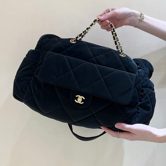 CHANEL HOBO 44 IN COCONEIGE BLACK NYLON VELVET GOLD HARDWARE