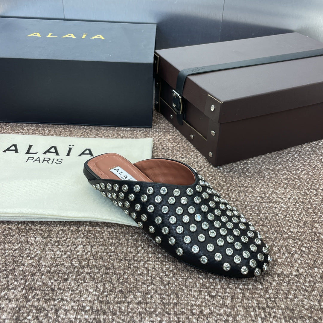 ALAIA FLAT MULES 25S IN BLACK LAMBSKIN EMBELLISHED WITH CRYSTALS - 34